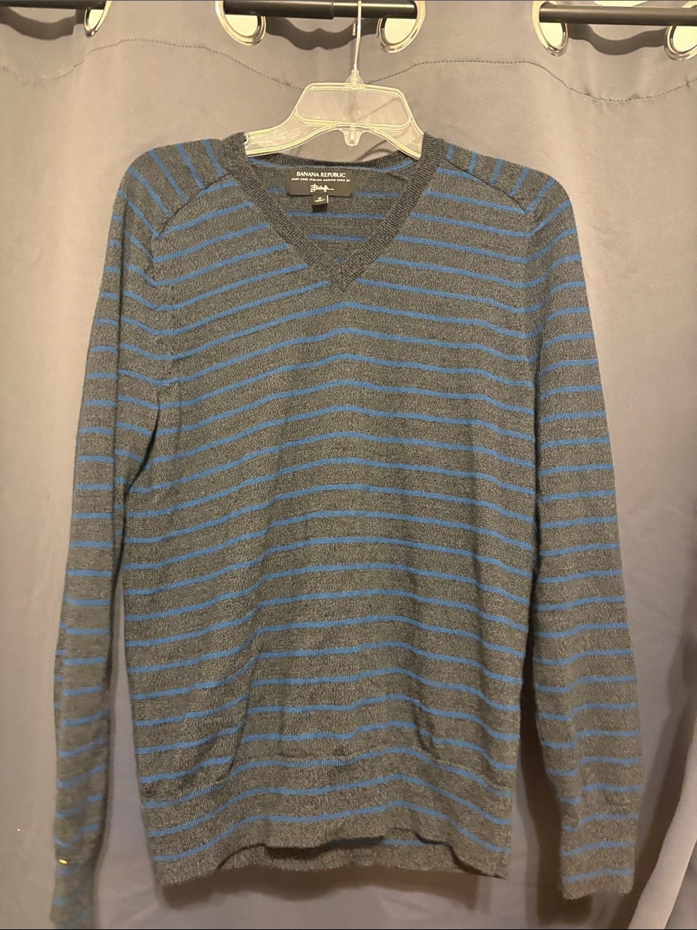 Banana Republic Gray Sweater with Blue Stripes V-Neck